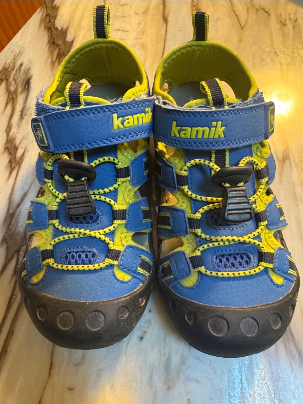 Kamik Blue and Lime Kids Waterproof Sport Sandals with Hook-and-Loop Strap